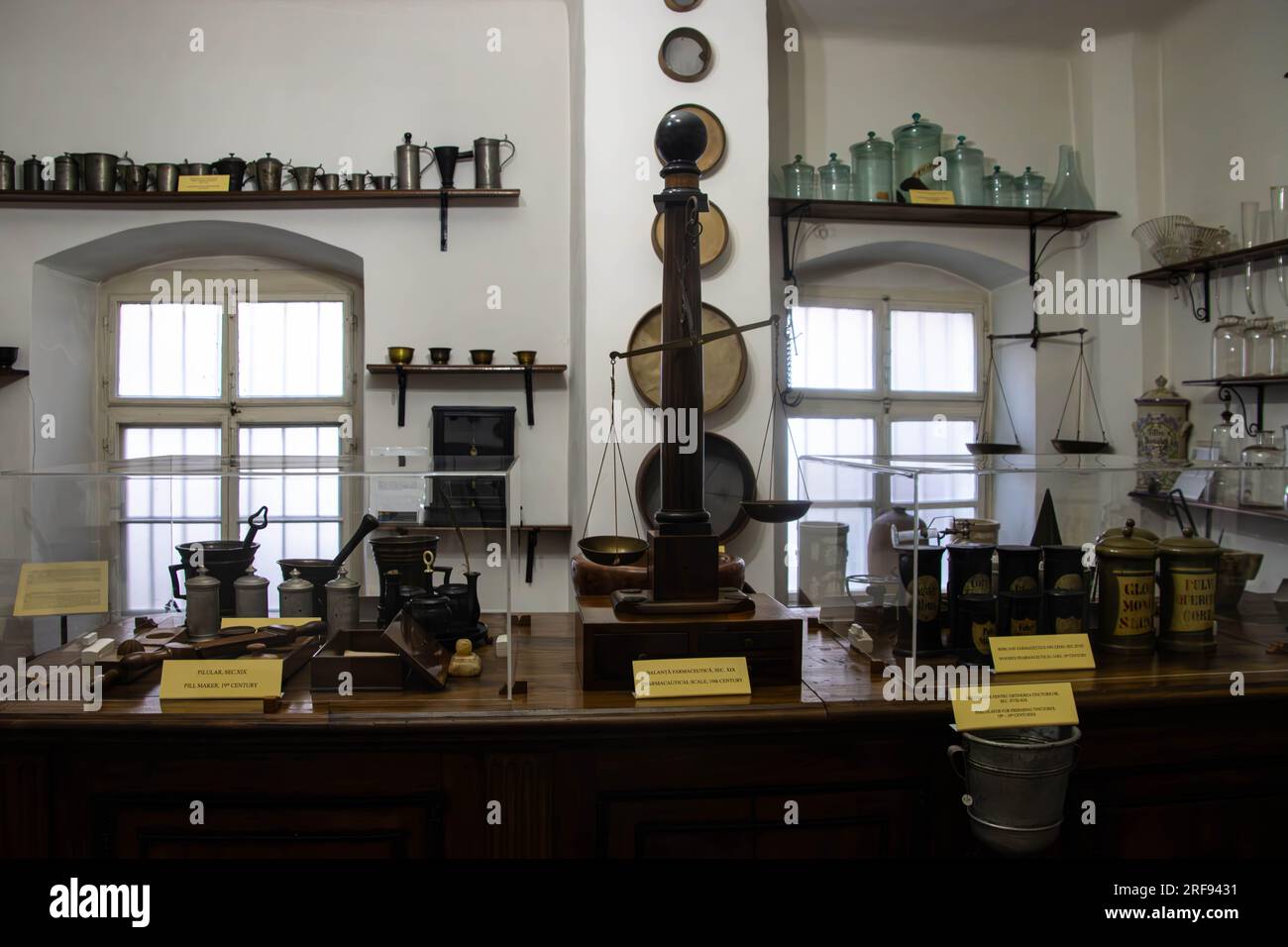 Old pharmaceutical instruments exibited at the Pharmacy Museum in Sibiu, Romania Stock Photo