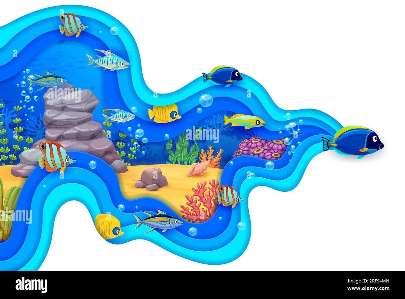 Sea paper cut underwater landscape with tropical fishes. Cartoon vector ...