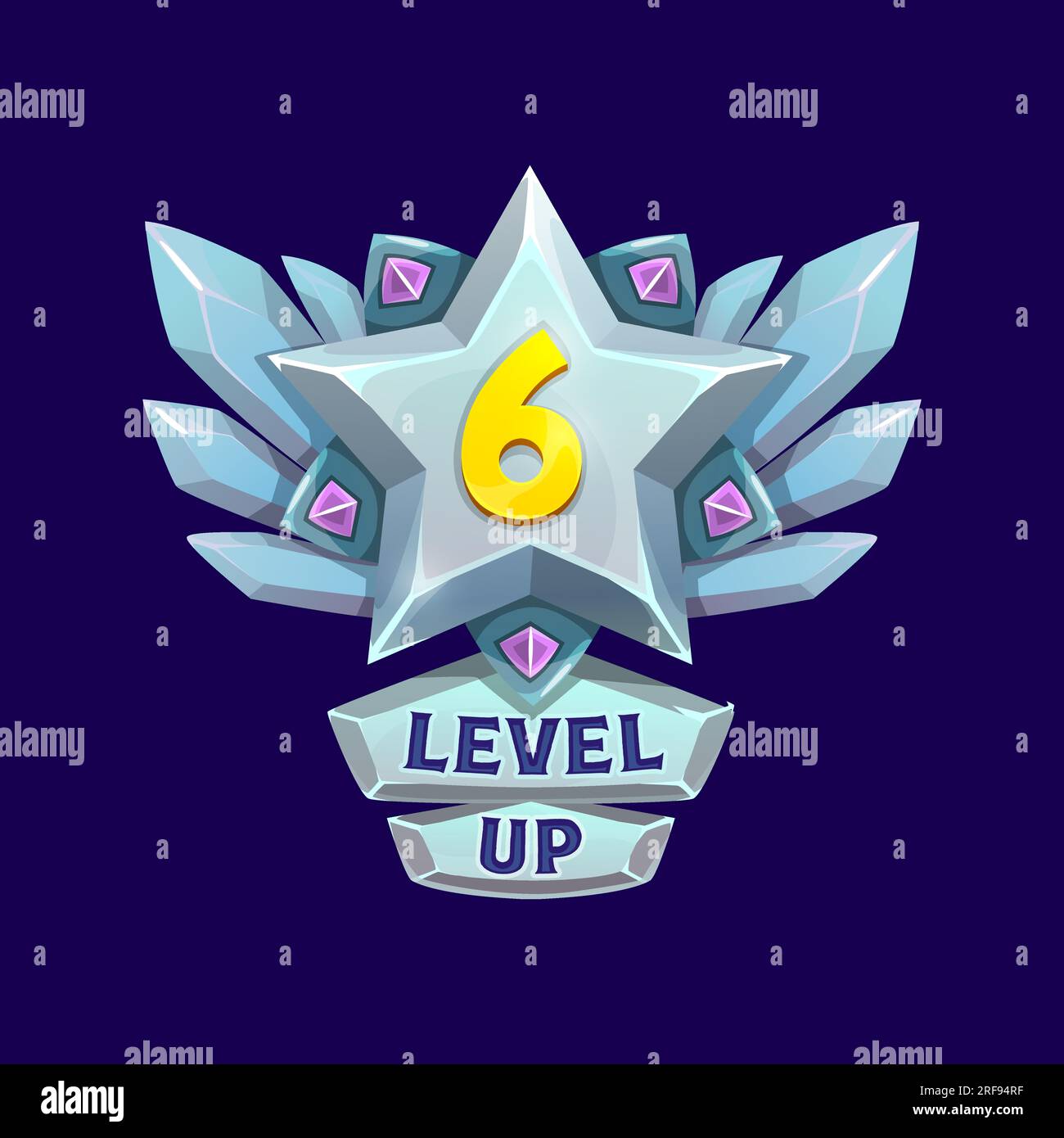 Game interface level up metal badge, steel win icon with star and wings.  Isolated vector user interface gui or ui silver or iron emblem with golden  number six and pink glossy gemstones,