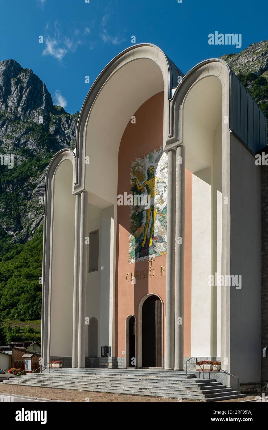 Timau, Italy (21st July 2023) - External view of the imposing facede of the Cristo Re (King Christ) church Stock Photo