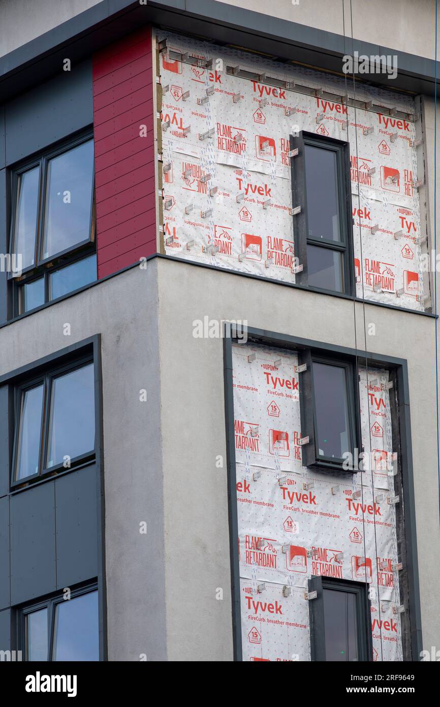 Cladding repairs to student accommodation in Gillingham, Kent, UK. Student accommodation developer Unite is to remove high-pressure laminate (HPL) cladding on 22 high-rise buildings and replace it where it fails to meet regulations, at an expected cost of £96.4m. Unite said it had conducted a review of HPL cladding and that all of its properties had been independently reviewed by fire safety experts and confirmed as safe to operate and occupy. Stock Photo