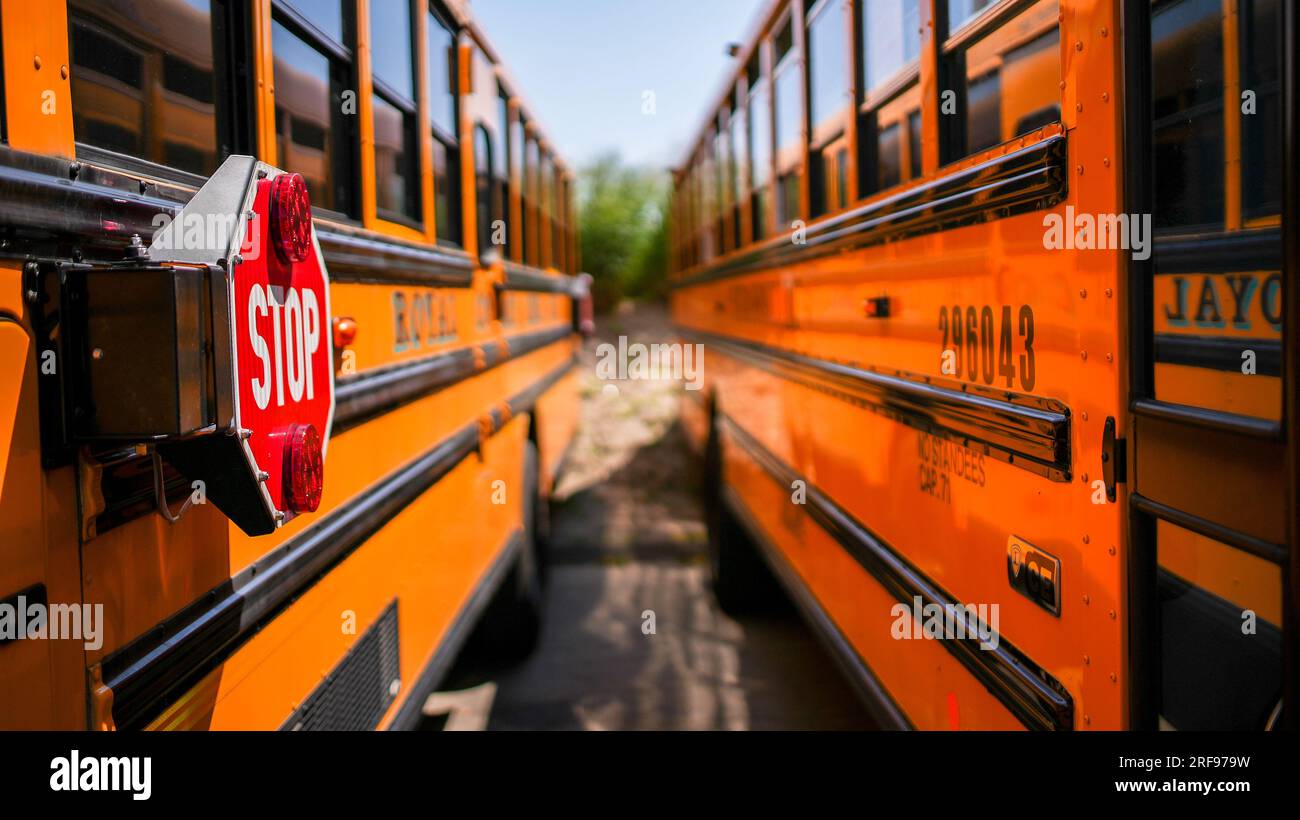 NORWALK, CT, USA AUGUST 1, 2023 School bus standing on parking lot