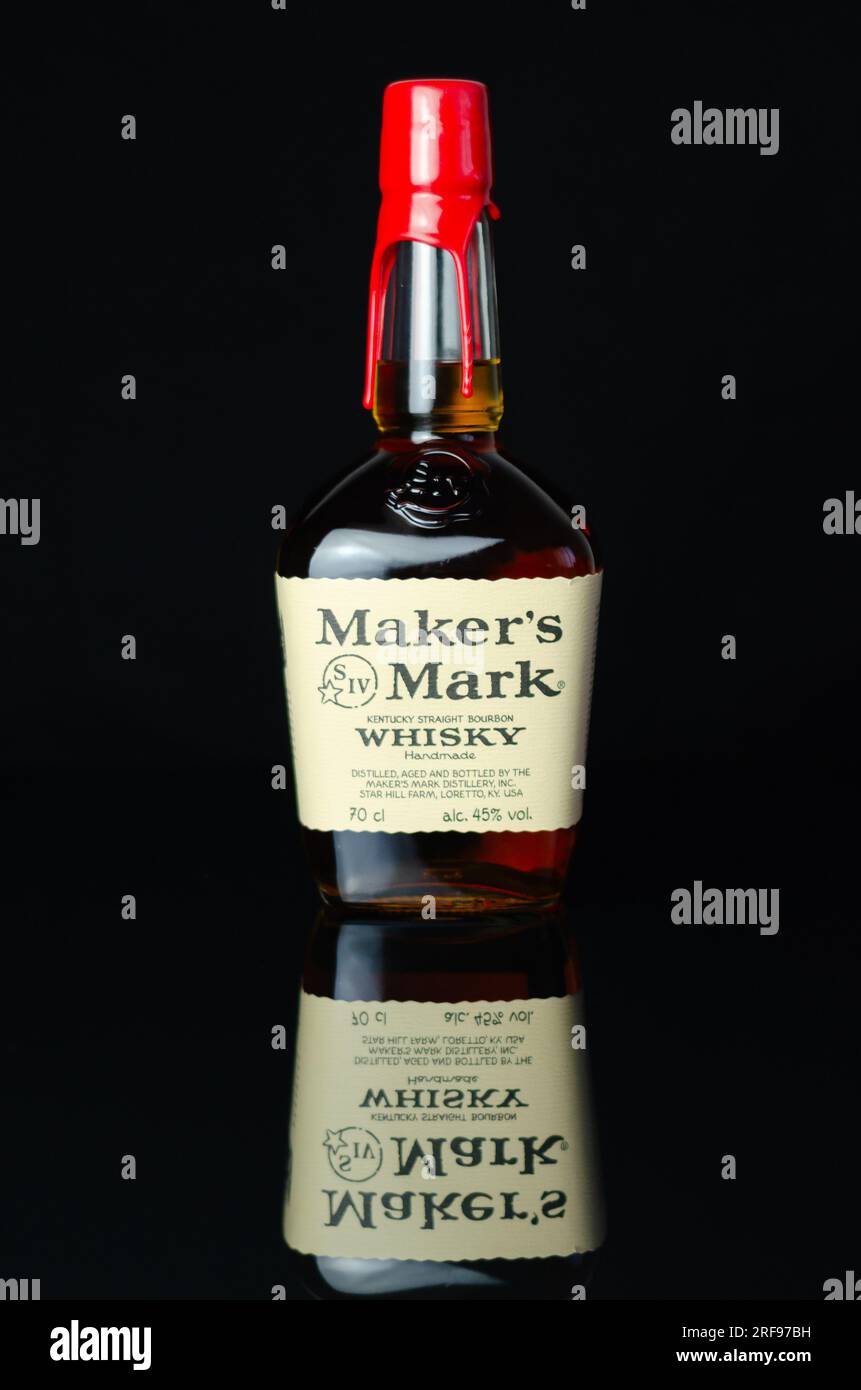 LONDON, UNITED KINGDOM - JULY 24, 2022 The original Maker's Mark in a characteristic squarish bottle sealed with red wax, famous American whisky Stock Photo