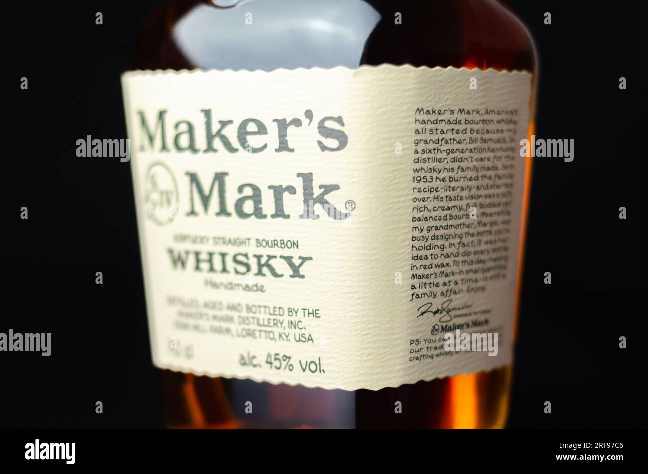 LONDON, UNITED KINGDOM - JULY 24, 2022 The original Maker's Mark in a characteristic squarish bottle sealed with red wax, famous American whisky Stock Photo
