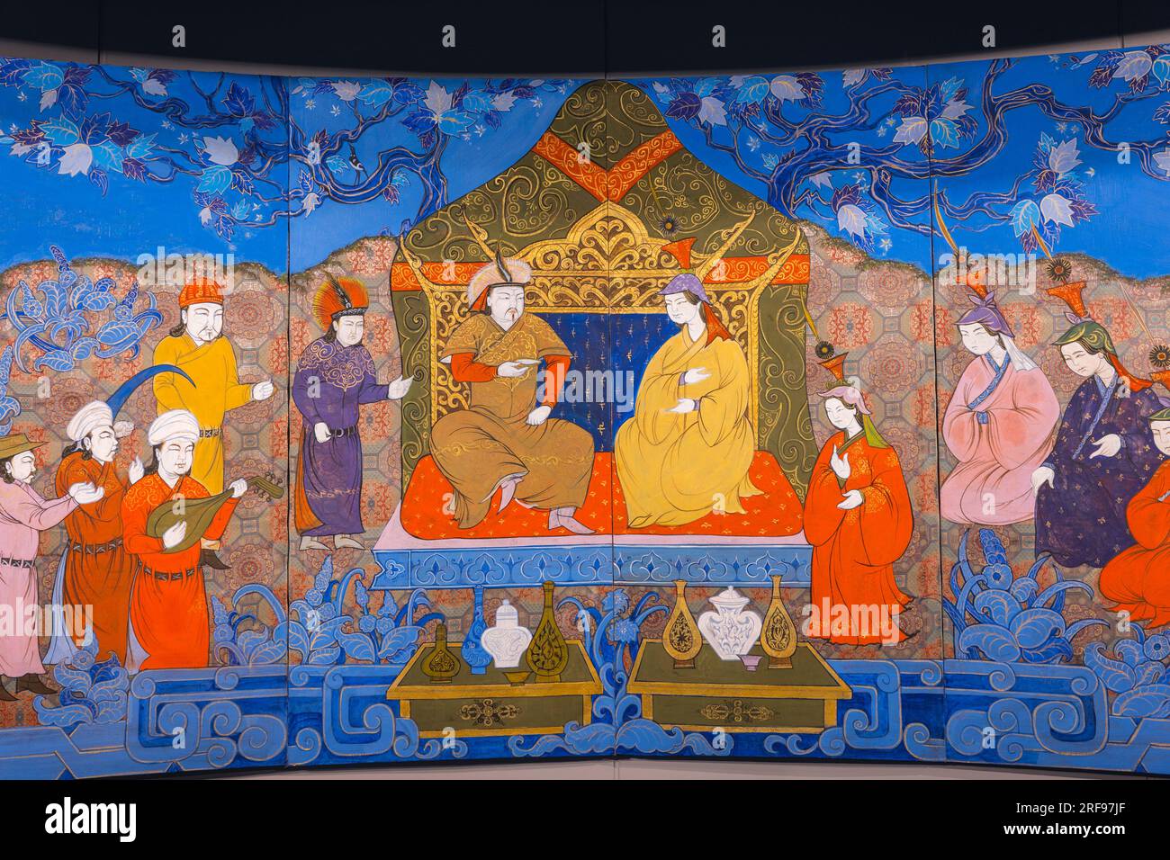 A Persian miniature painting inside information center of the Genghis Khan Equestrian Statue (130 feet tall), which is part of the Genghis Khan Statue Stock Photo