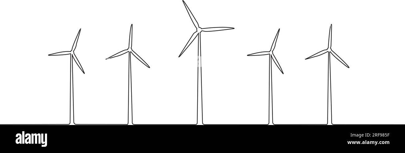 Five wind turbines on a white background with copy space Stock Vector
