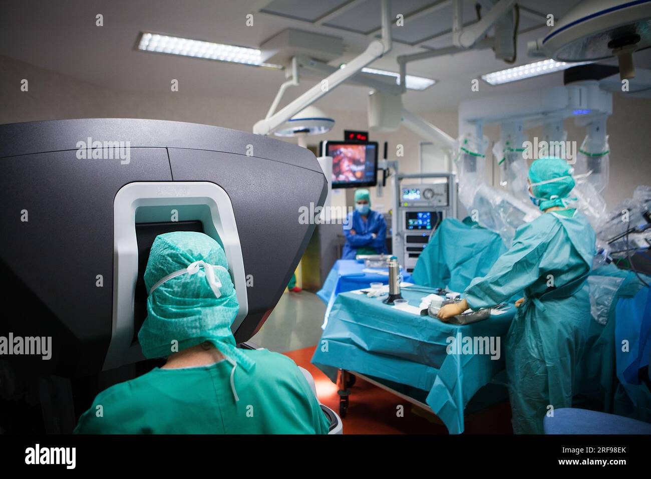 Robotic surgery in the operating room during a hysterectomy, the robot