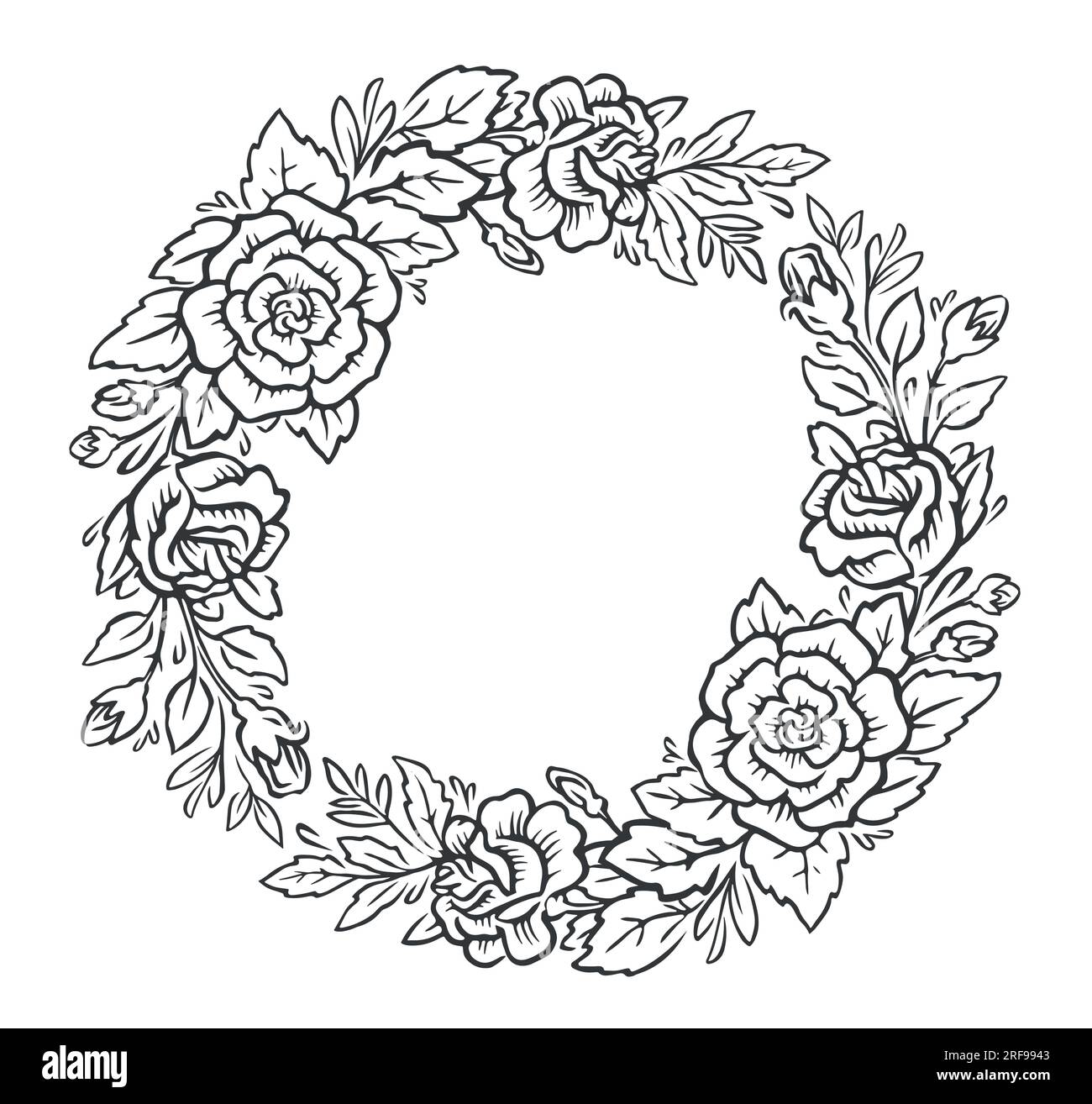 Round frame with decorative flowers with leaves. Hand drawn floral wreath. Roses pattern vintage vector illustration Stock Vector