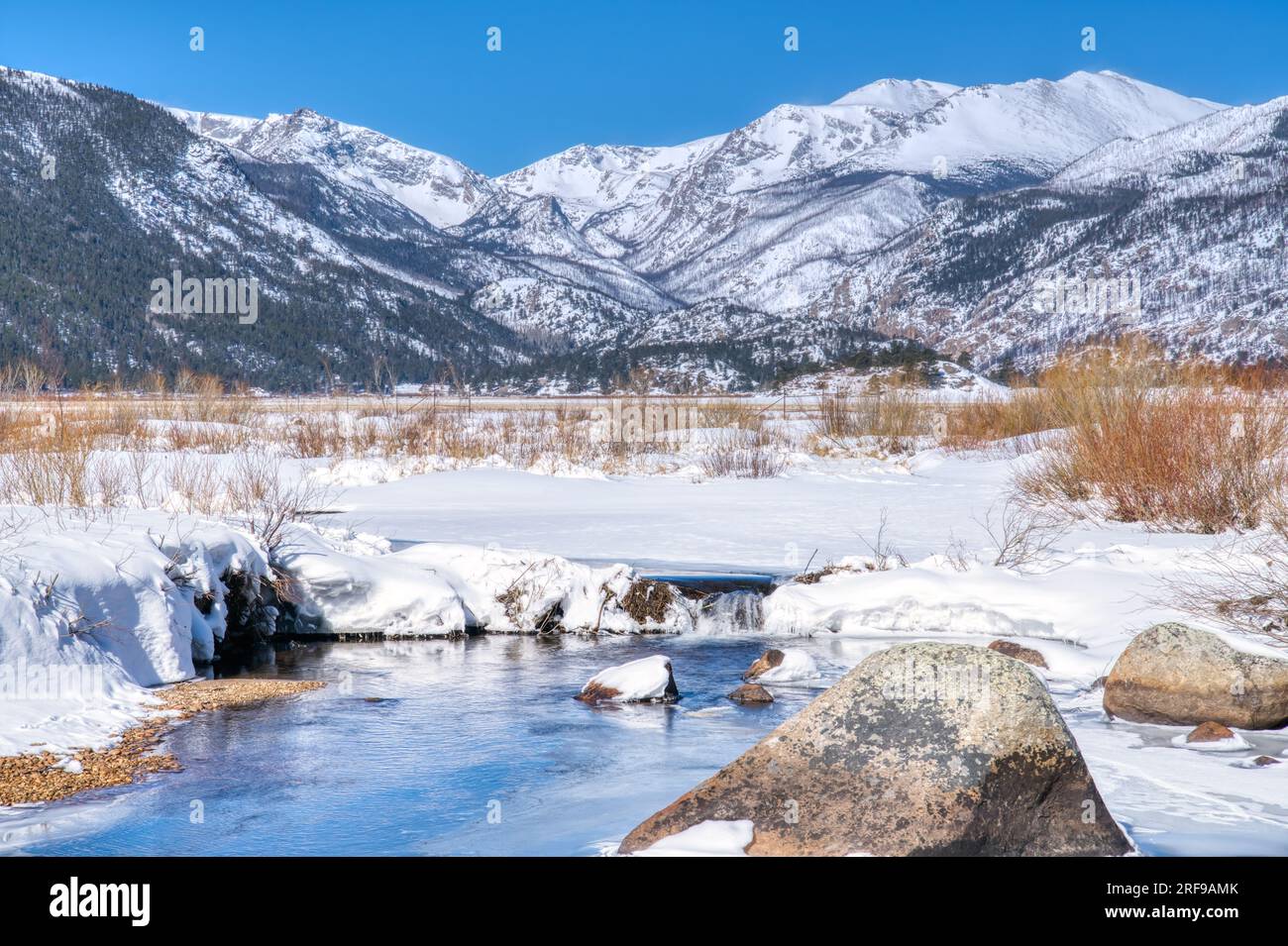 Winter snow along the Big Thompson River in Moraine Park in Rocky Mountain National Park, Colorado Stock Photo