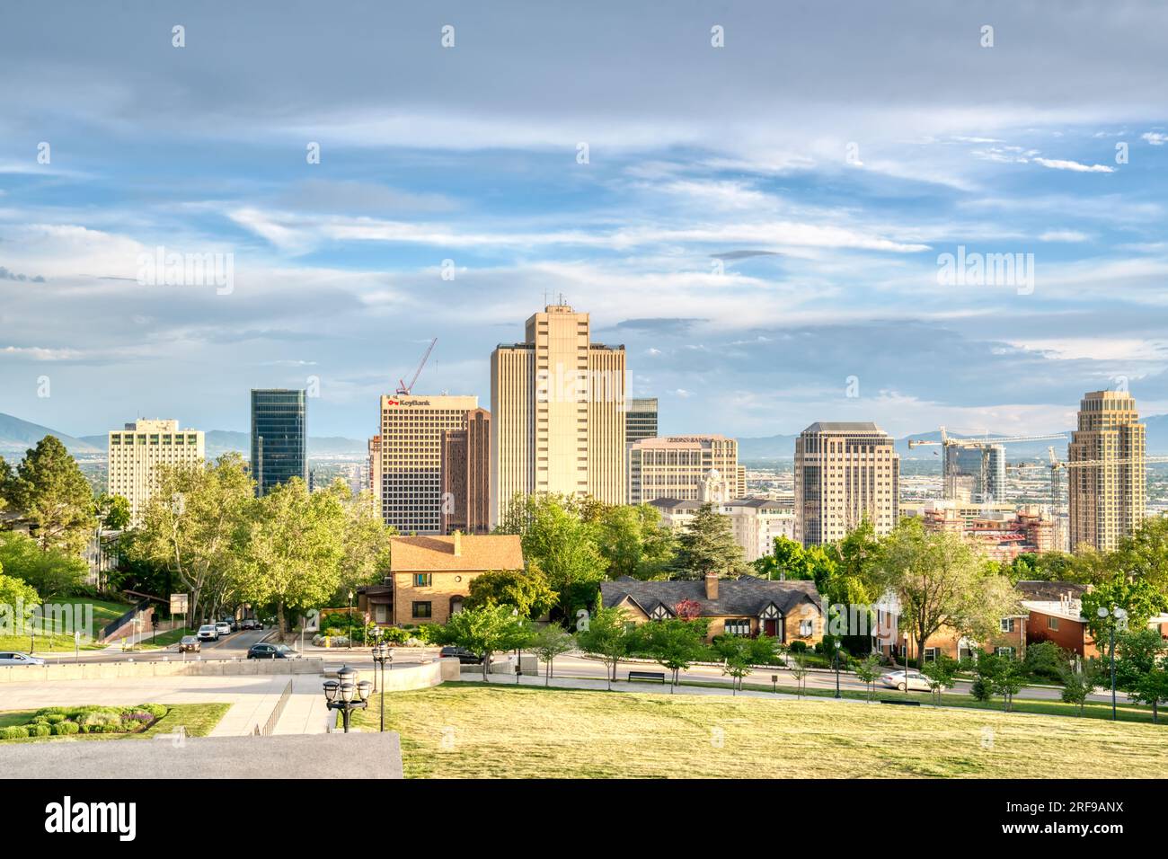 Salt Lake City, UT - May 23, 2023: City Skyline of Salt Lake City, Utah from the steps of the state capitol building on Capitol Hill Stock Photo