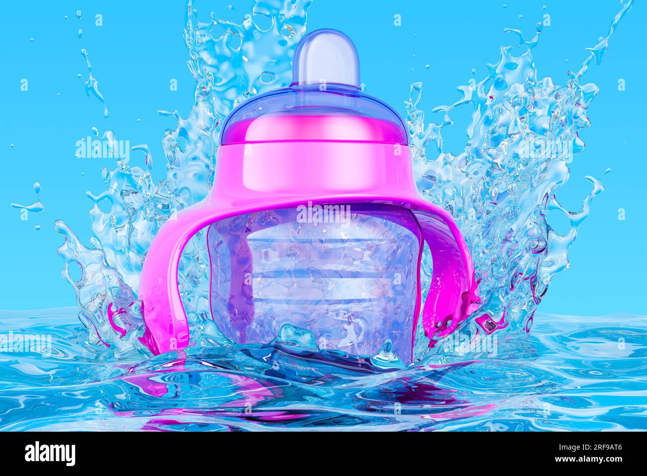 Non-spill cup with transparent water splashes, 3D rendering Stock Photo