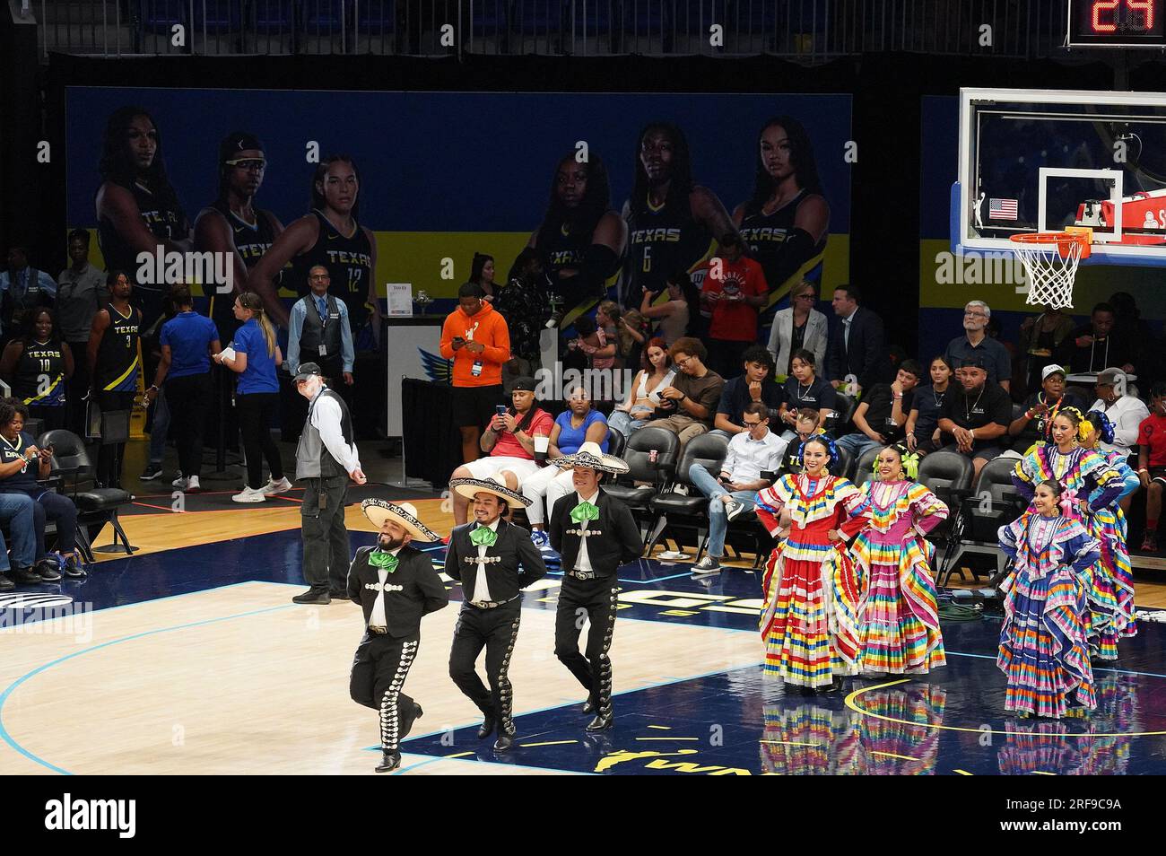 Arlington, United States. 28th July, 2023. July 28, 2023, Arlington, Texas, United States: As part of the Dallas Wings Celebracion Latina, the Anita N. Martinez Ballet Folklorico performed during half time of the WNBA game between the Dallas Wings and the Washington Mystics at College Park Center on July28, 2023 in Arlington, Texas, United States. (Photo by Javier Vicencio/Eyepix Group) Credit: Eyepix Group/Alamy Live News Stock Photo