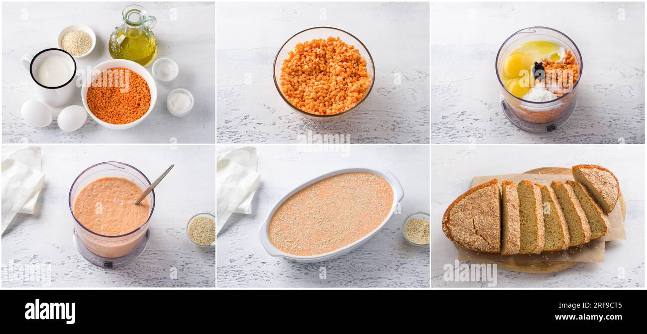 Collage of cooking healthy gluten free bread, pie or casserole. Ingredients, cooking steps, step by step, finished dish Stock Photo