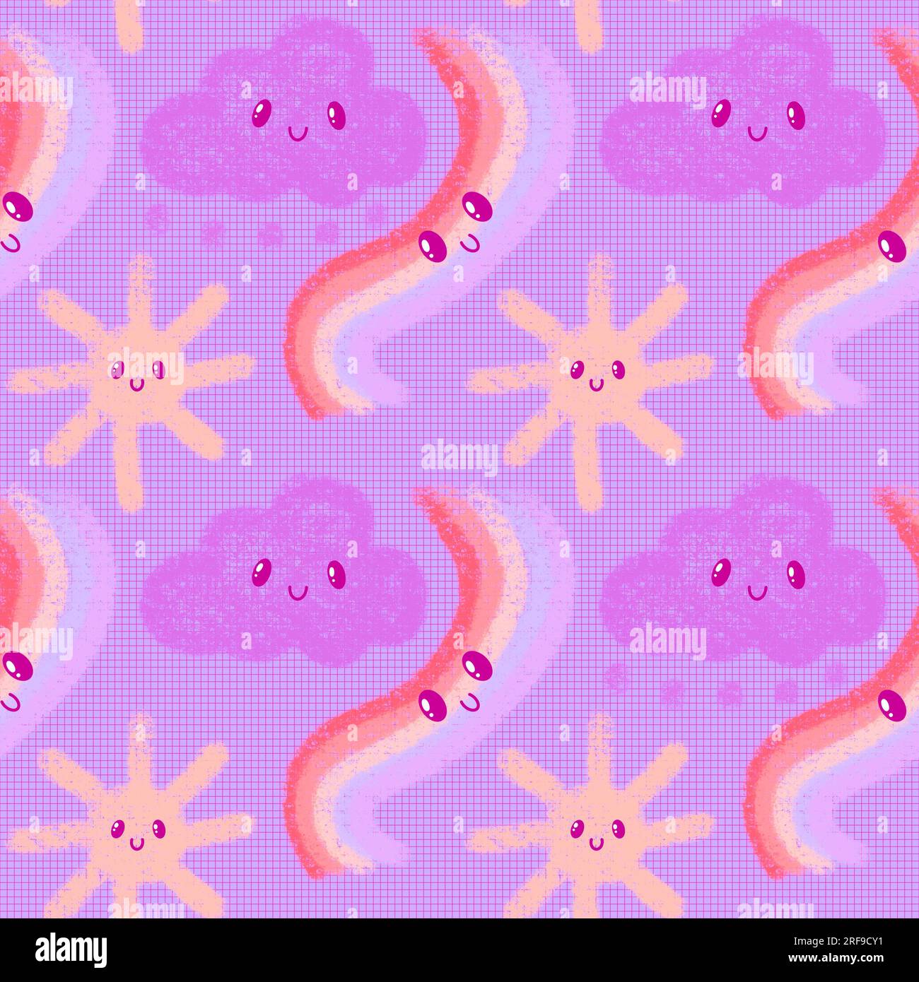 Cartoon sun and rainbow and clouds seamless doodle pattern for wrapping ...