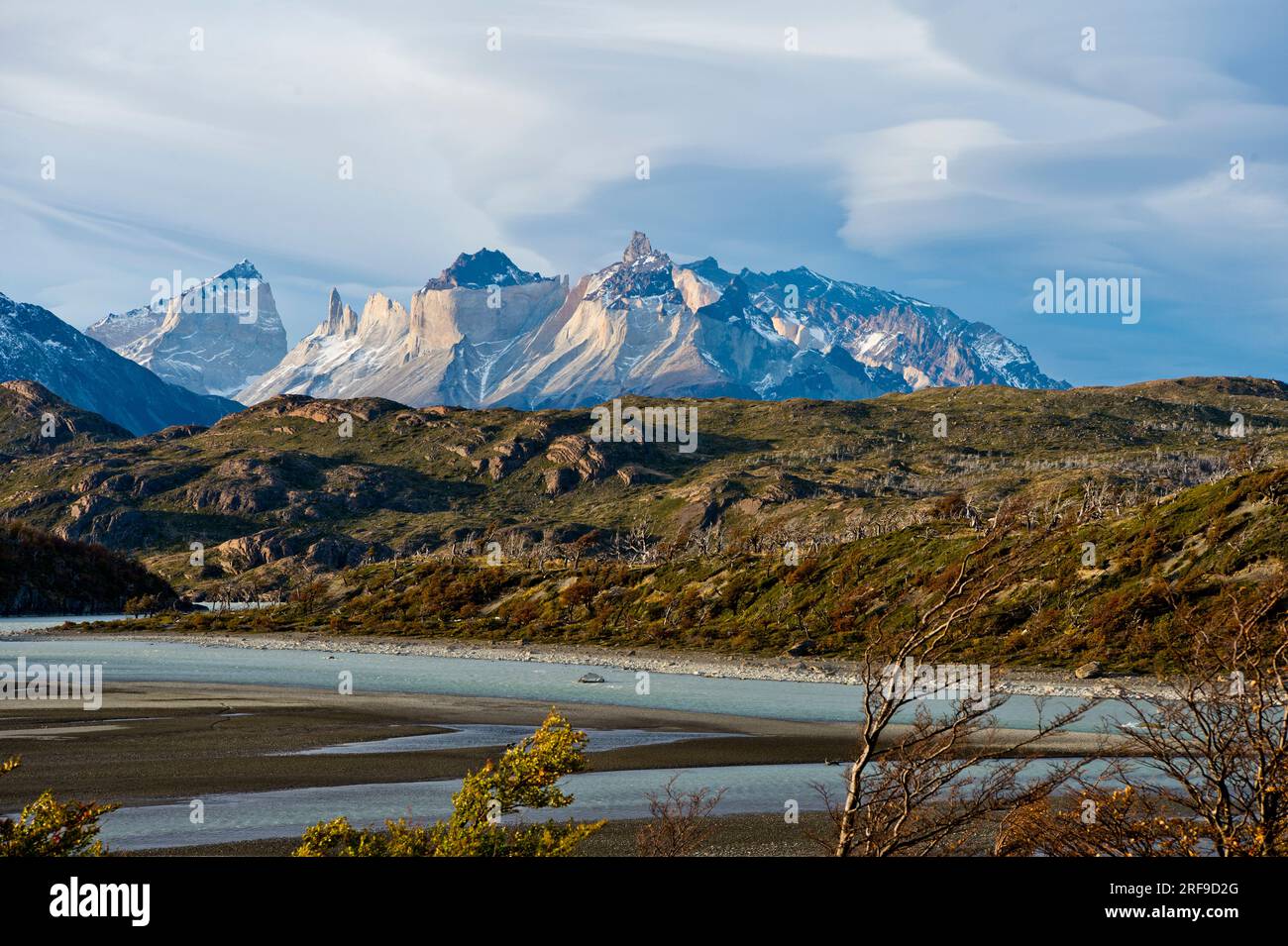 Paine Massif (Cuerno Paine Grand and Cuerno Principal) in Torres del Paine National Park Chile. Stock Photo