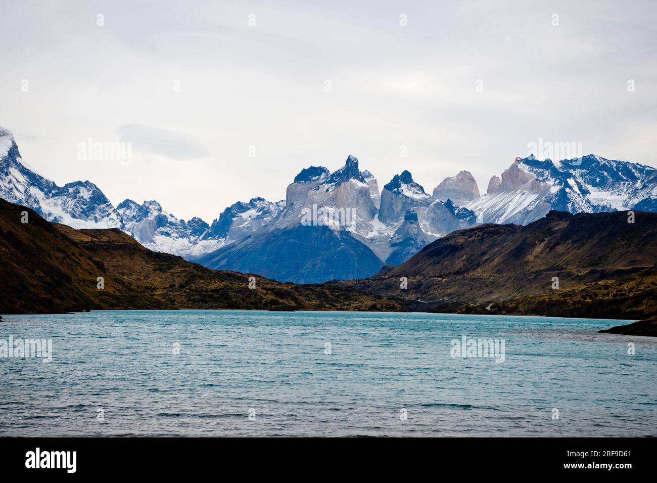 Paine Massif (Cuerno Paine Grand and Cuerno Principal) in Torres del Paine National Park Chile. Stock Photo