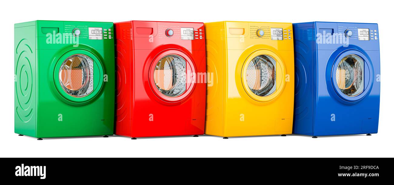 Colored washing machines, 3D rendering isolated on white background