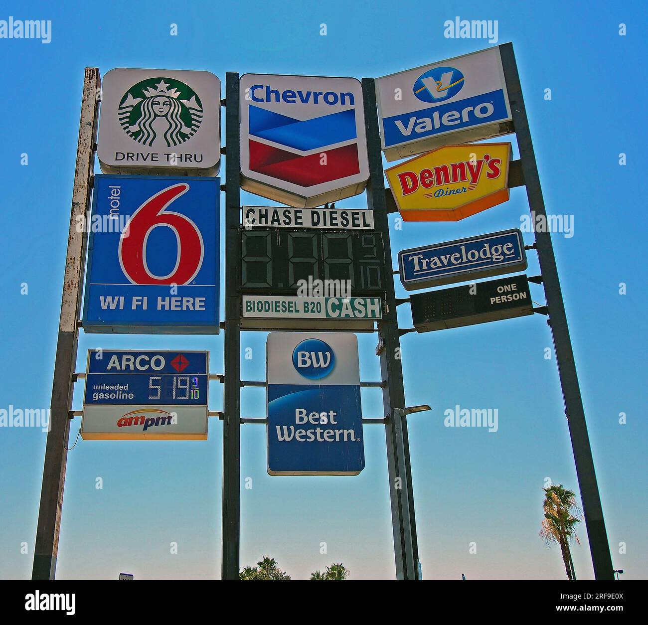 services signs at an Interstate 5 exit in California Stock Photo
