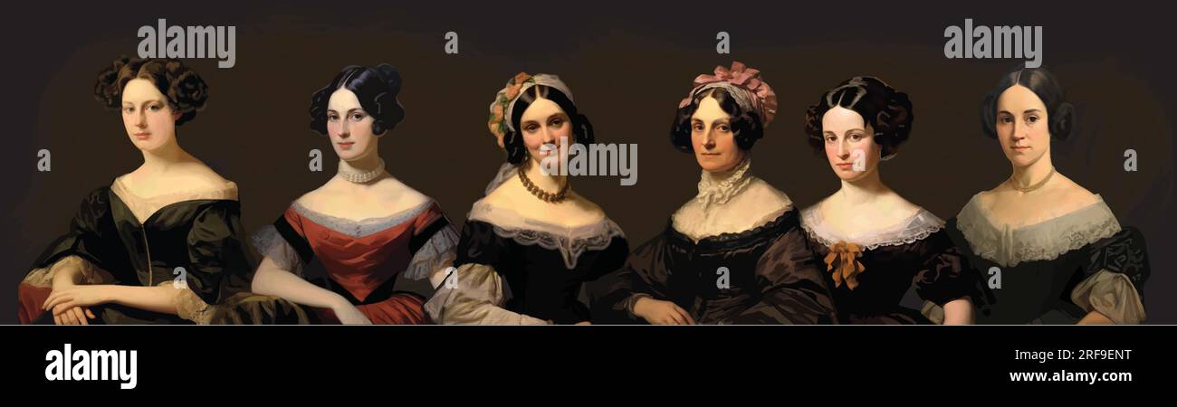 US First Ladies from 1829-1842: (left to right) Emily Donelson, Sarah Jackson, Sarah Van Buren, Anna Harrison, Jane Harrison, Letitia Tyler Stock Vector