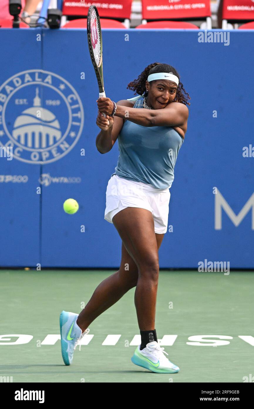 Washington, D.C, USA. 1st Aug, 2023. HAILEY BAPTISTE hits a backhand ...