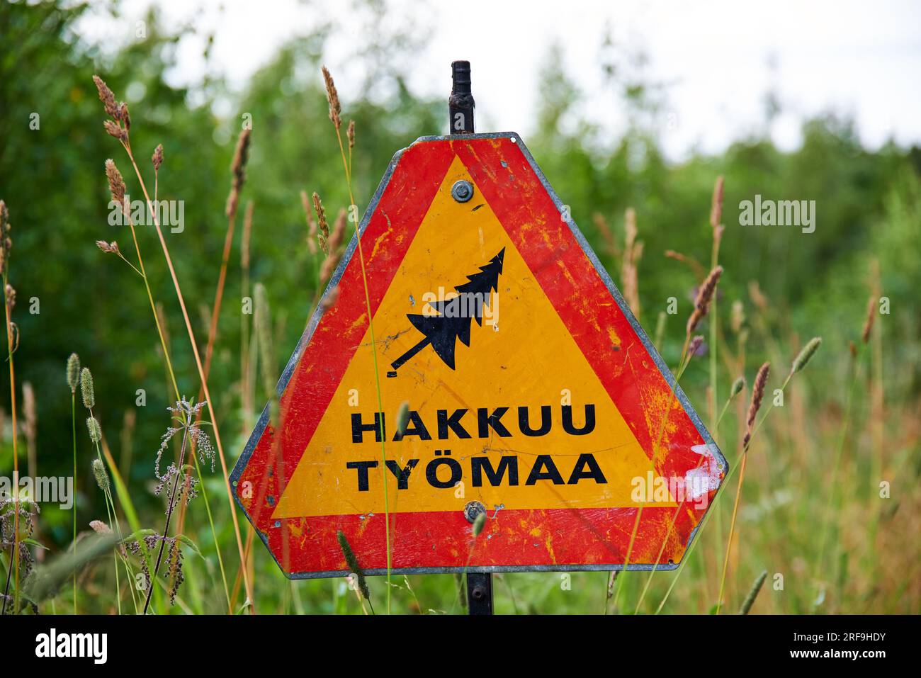 Nokia, Finland - July 31, 2023:  Woodworking site warning sign and on sunny July evening in Western Finland. Stock Photo