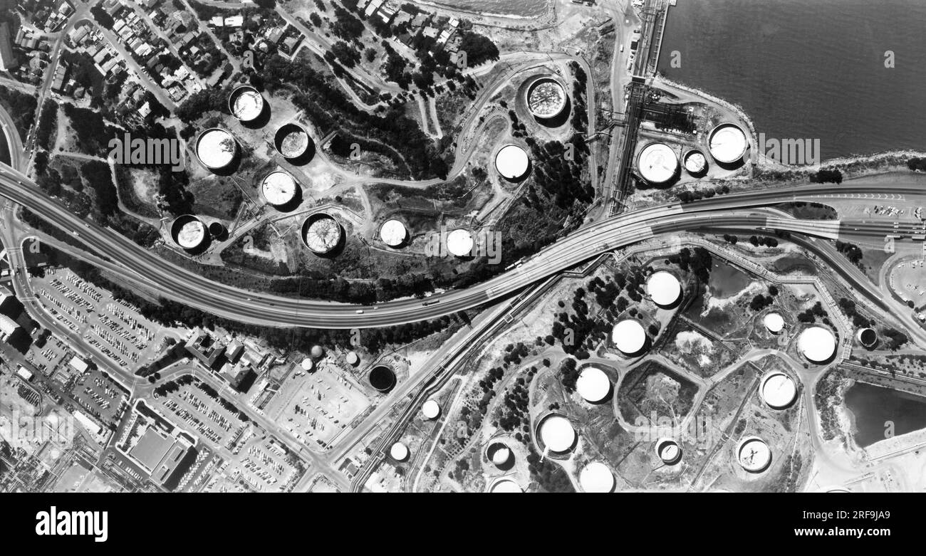 San Francisco Bay, California:  c. 1978. Oil refinery tanks along the Carquinez Straits that lead into San Pablo Bay. Stock Photo