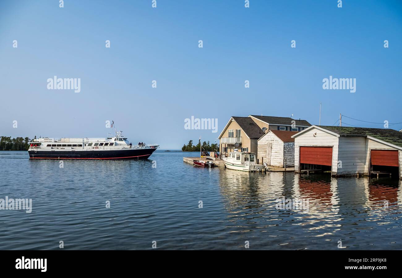 Isle Royale Queen IV boat on the waterfront on Lake Superior in Copper