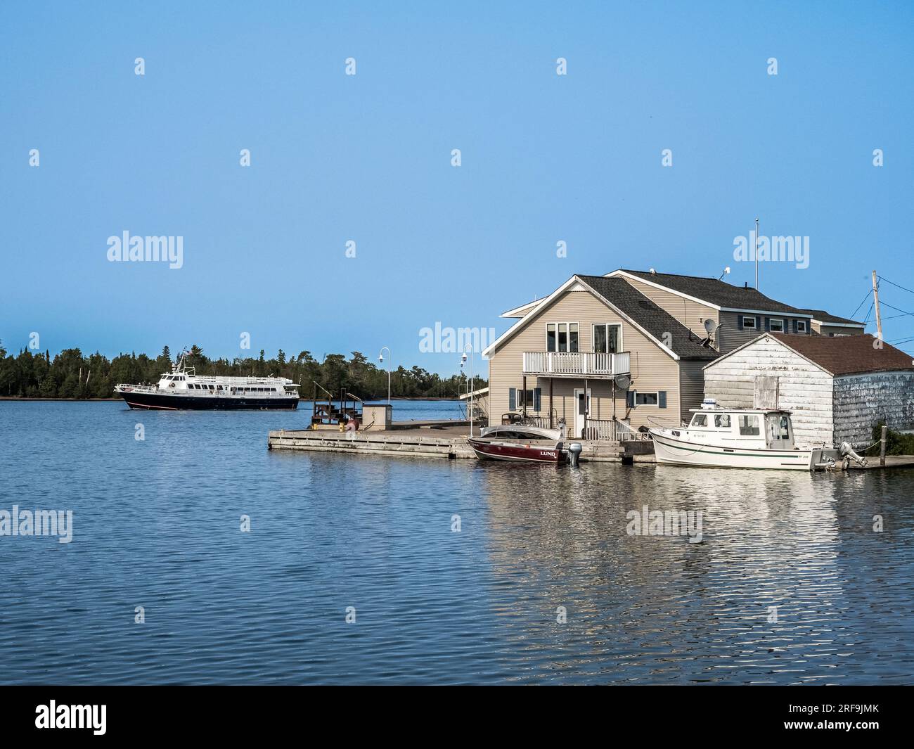 Isle Royale Queen IV boat on the waterfront on Lake Superior in Copper Harbor on the Keweenaw