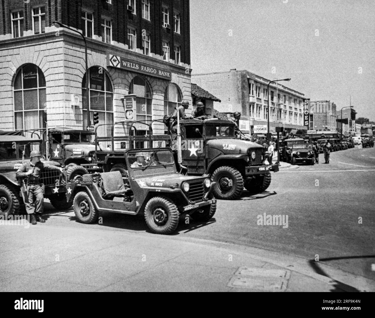 Berkeley, California:  May, 1969 Governor Ronald Reagan orders the National Guard into downtown Berkeley after Bloody Thursday to help quell the People's Park demonstrations. Stock Photo