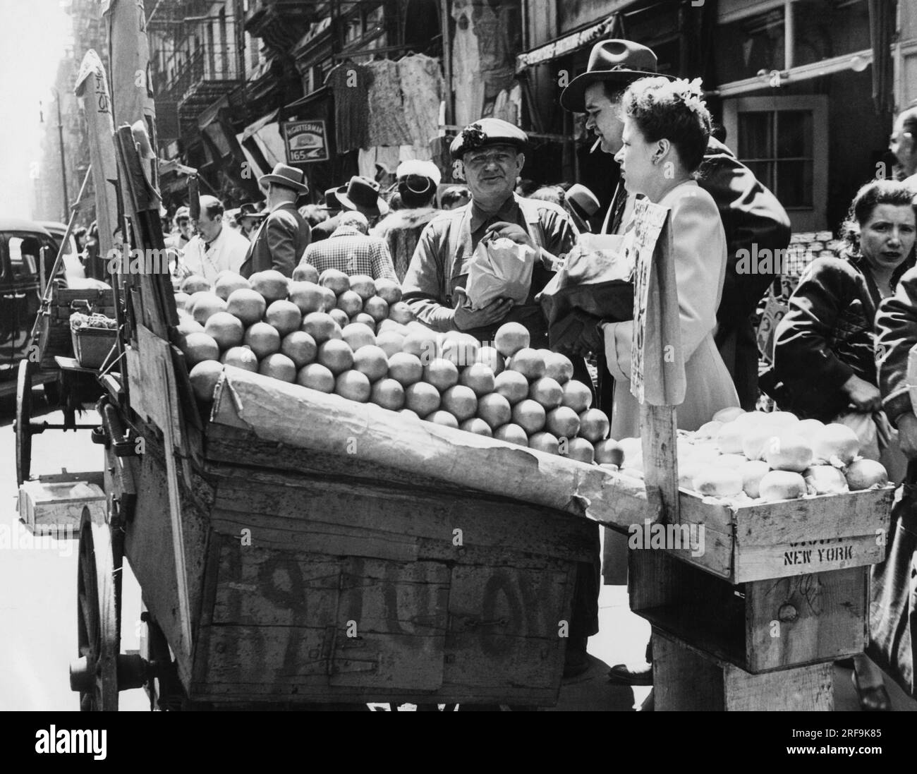 New York, New York:   1948 Fruit and vegetable push cart vendors on Bleeker Street in NY. Stock Photo