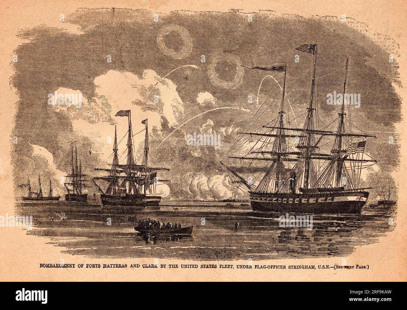 Engraved ilustration of the Bombardment of Fort Hatteras and Clark, a Civil War naval battle, from Harper's Weekly, September 14, 1861, New York, Volume 246. Stock Photo