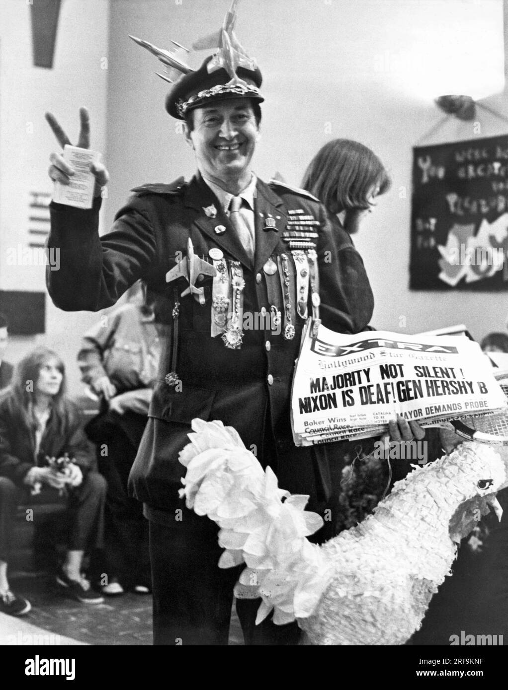 Berkeley, California:  1969 General Hershey Bar, (aka Calypso Joe) parodies the Director of the Selective Service, General Lewis B. Hershey at an anti Vietnam War gathering. Stock Photo