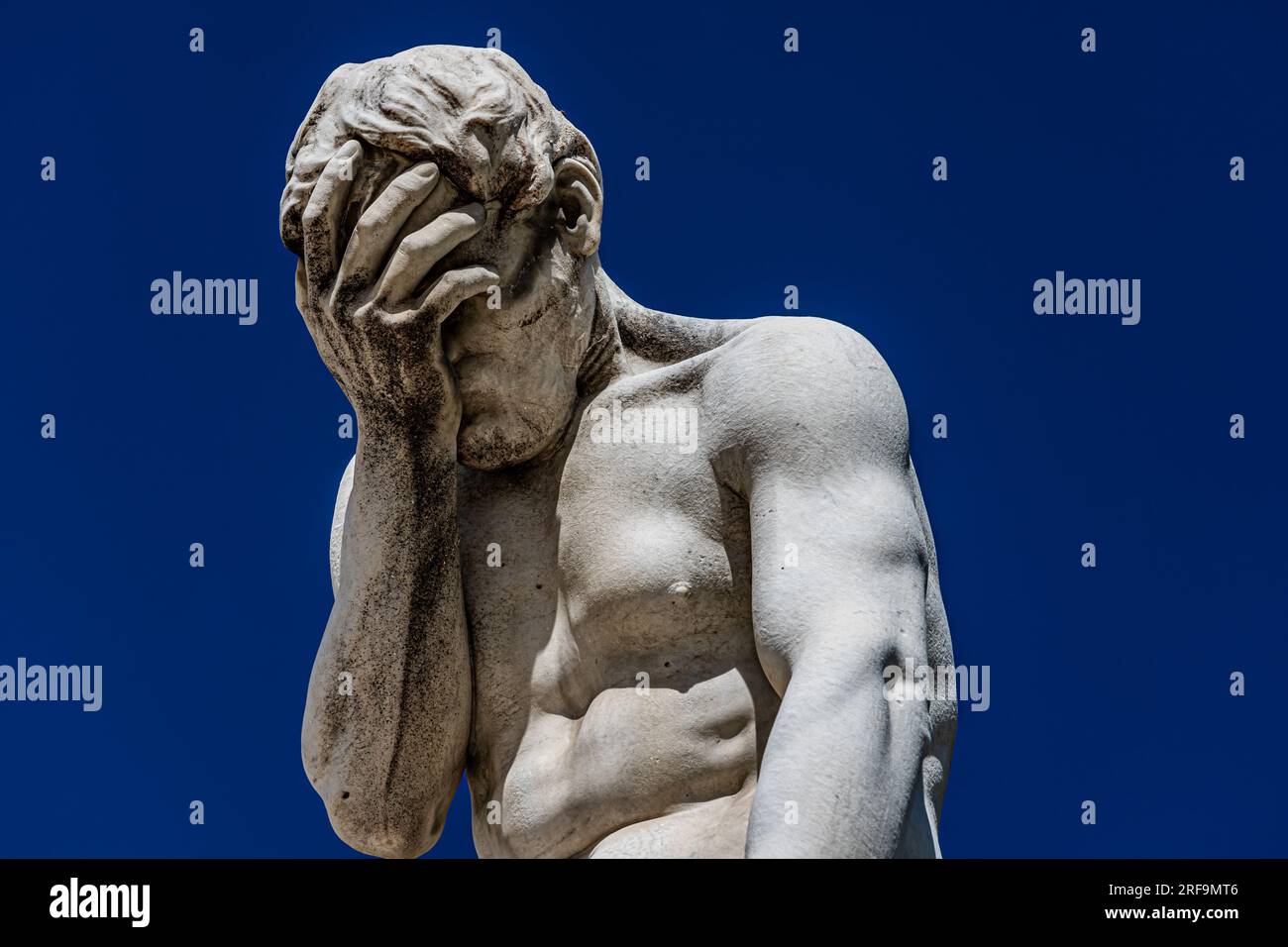 Double Handed Facepalm Meme Paris France 15 September 2022 Sad And Frustrated Man Face Palm White Sculpture On The Blue Clear Sky Background 2RF9MT6