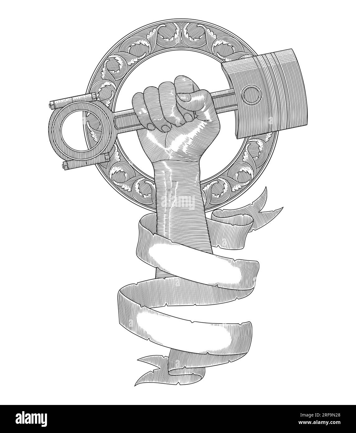 hand holding engine piston in antique circle frame and banner. Vintage