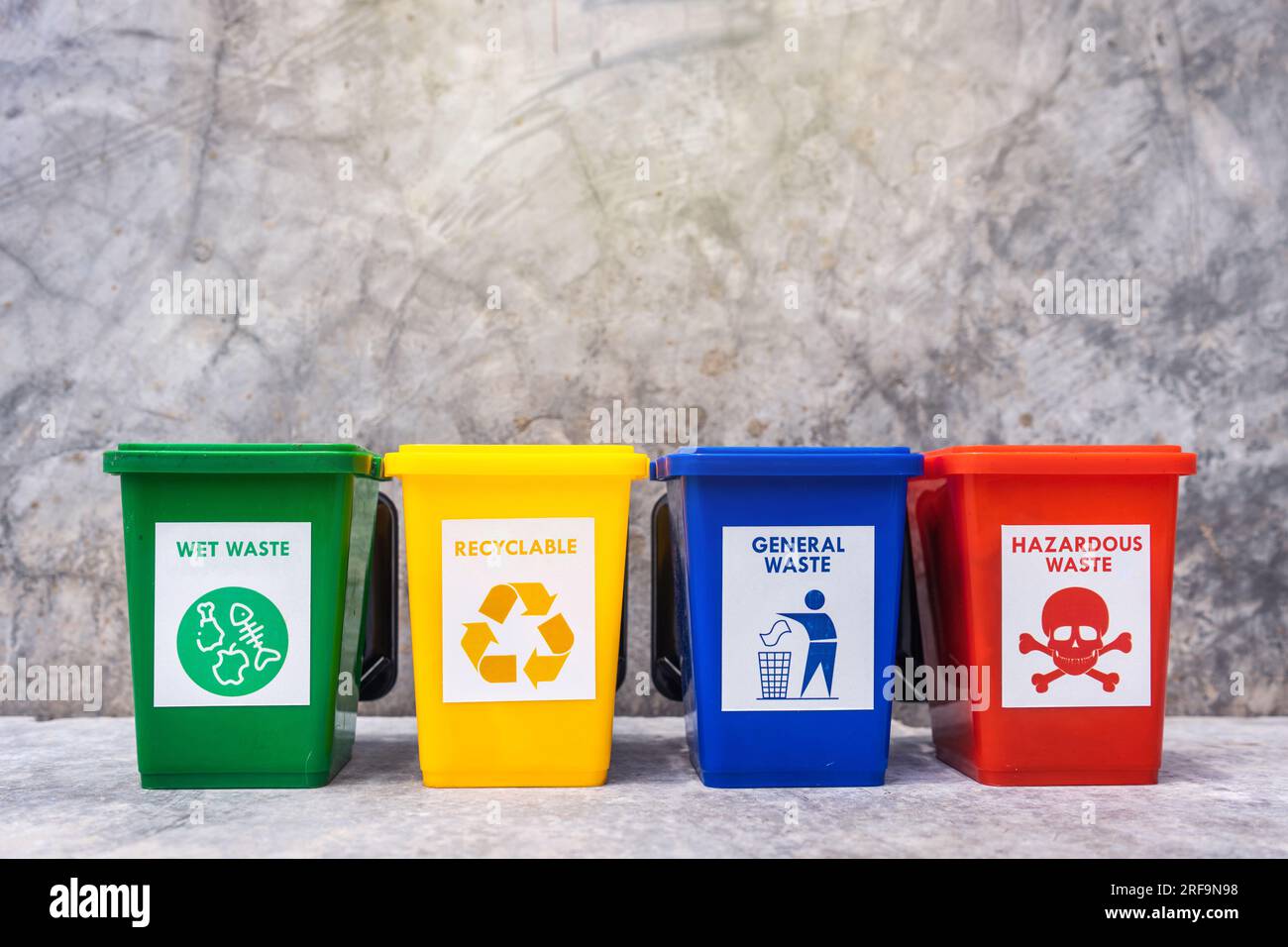 The concept of waste classification for recycling. Collection of bins ...