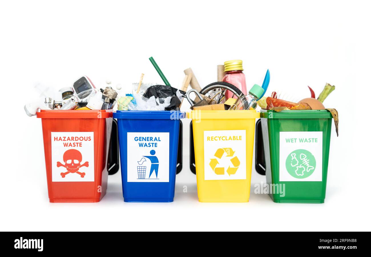 The concept of waste classification for recycling. Collection of waste bins full of different types of garbage in separation according to the color of Stock Photo