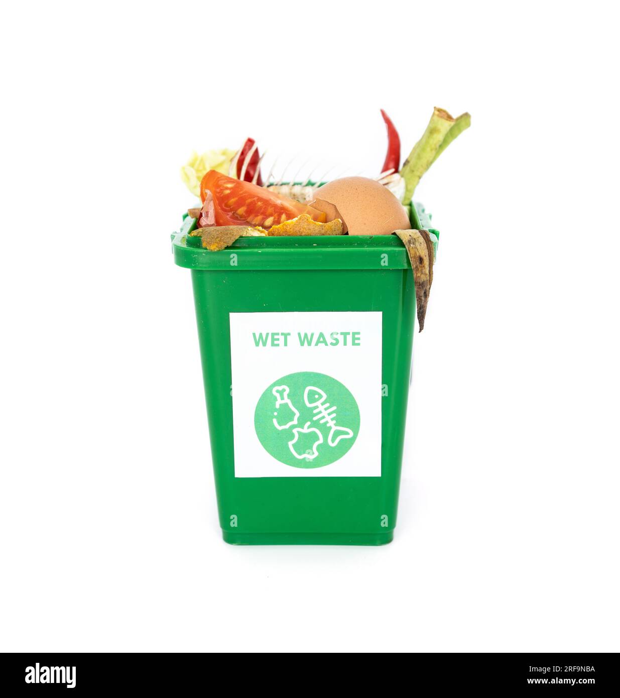 The concept of waste classification for recycling. Green bin for wet or organic waste.The bins are filled with food scraps or scraps of fruits and veg Stock Photo