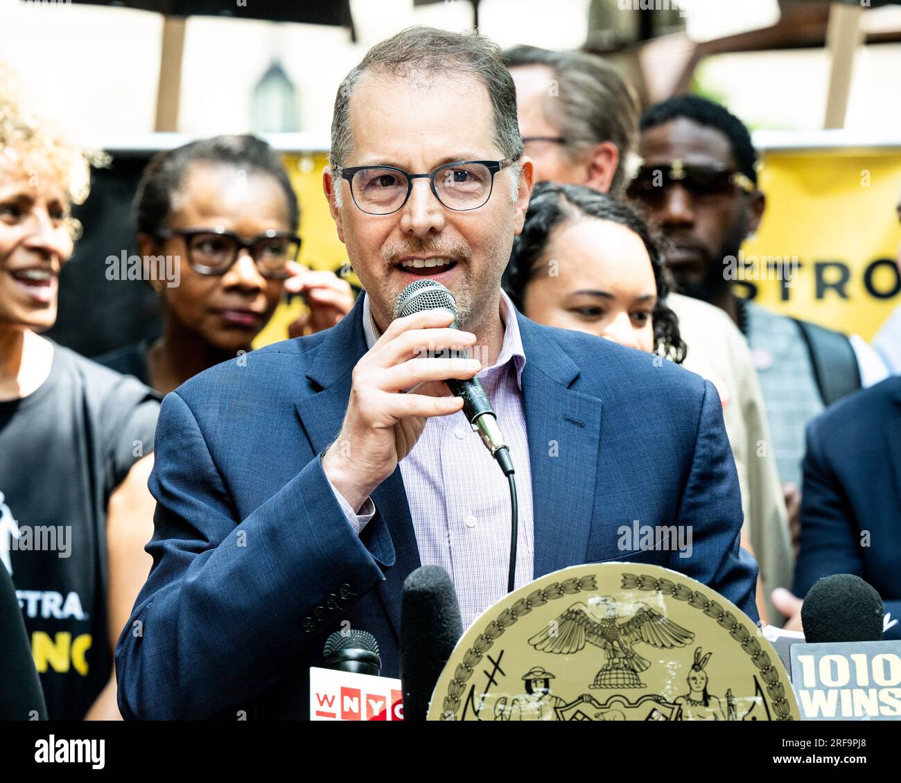 New York, United States. 01st Aug, 2023. Mark Levine, Manhattan Borough President, speaking at a rally in support of the actors union's (SAG-AFTRA) strike at City Hall Park in New York City. Credit: SOPA Images Limited/Alamy Live News Stock Photo