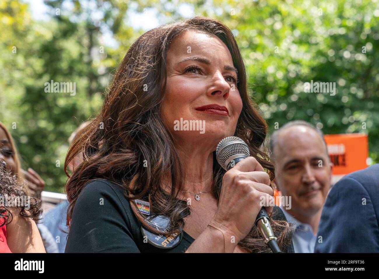 SAG-AFTRA President Fran Drescher speaks at rally in City Hall Park in New York on August 1, 2023 ahead of Council committee meeting in support of striking members of both unions Stock Photo