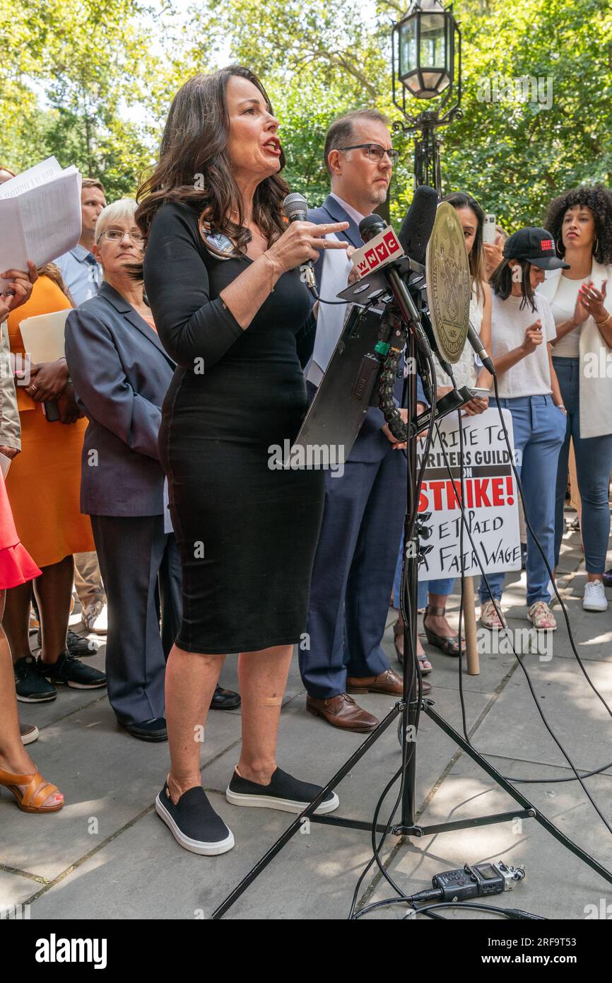 SAG-AFTRA President Fran Drescher speaks at rally in City Hall Park in New York on August 1, 2023 ahead of Council committee meeting in support of striking members of both unions Stock Photo