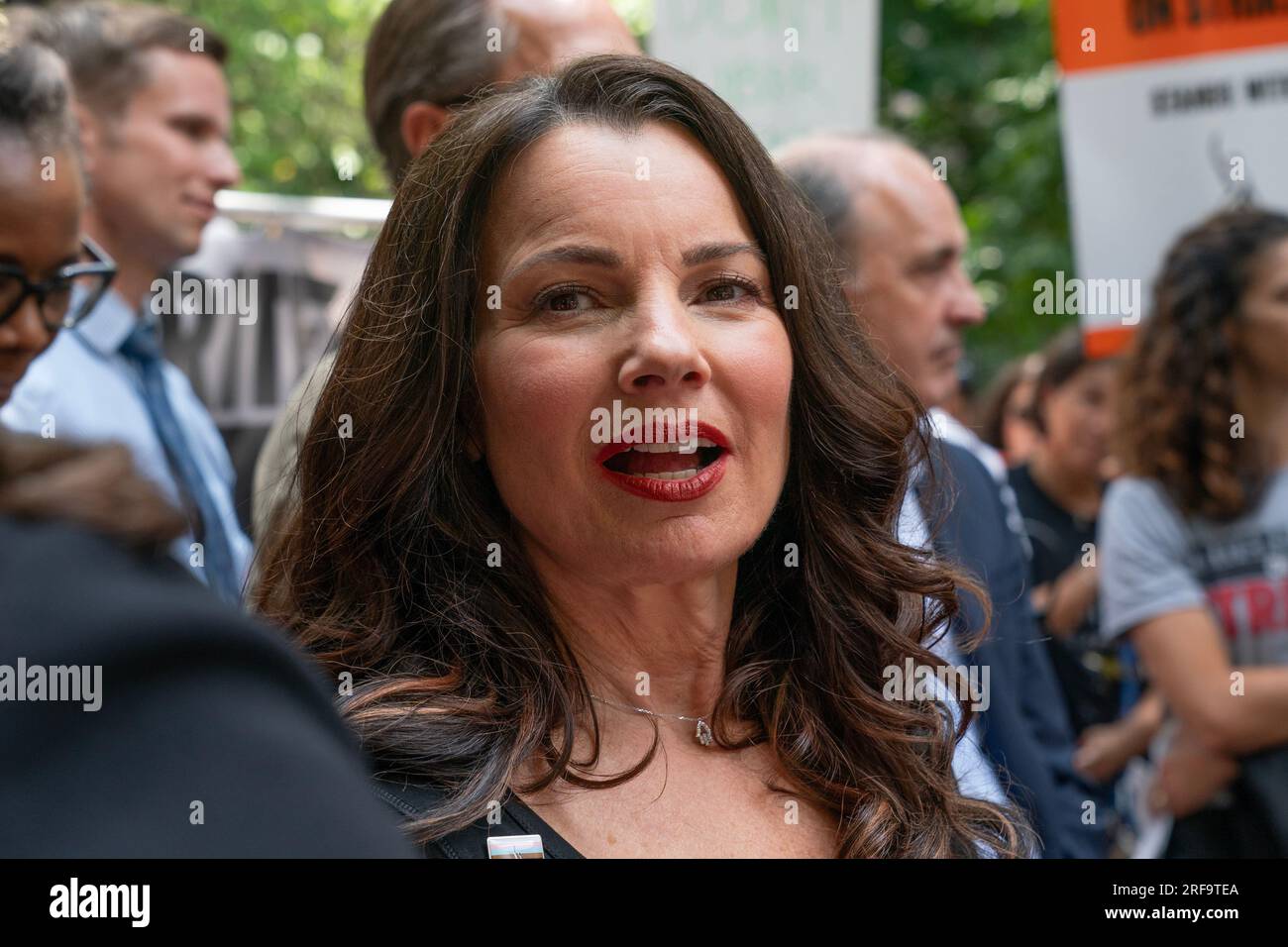 SAG-AFTRA President Fran Drescher attends rally in City Hall Park in New York on August 1, 2023 ahead of Council committee meeting in support of striking members of both unions Stock Photo
