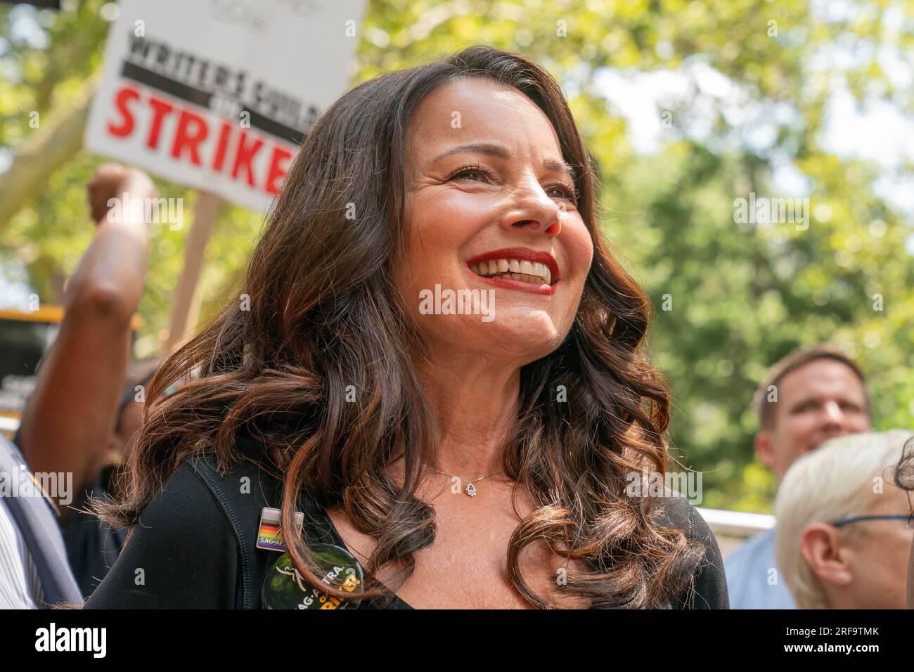 New York, USA. 01st Aug, 2023. SAG-AFTRA President Fran Drescher attends rally in City Hall Park in New York on August 1, 2023 ahead of Council committee meeting in support of striking members of both unions. (Photo by Lev Radin/Sipa USA) Credit: Sipa USA/Alamy Live News Stock Photo