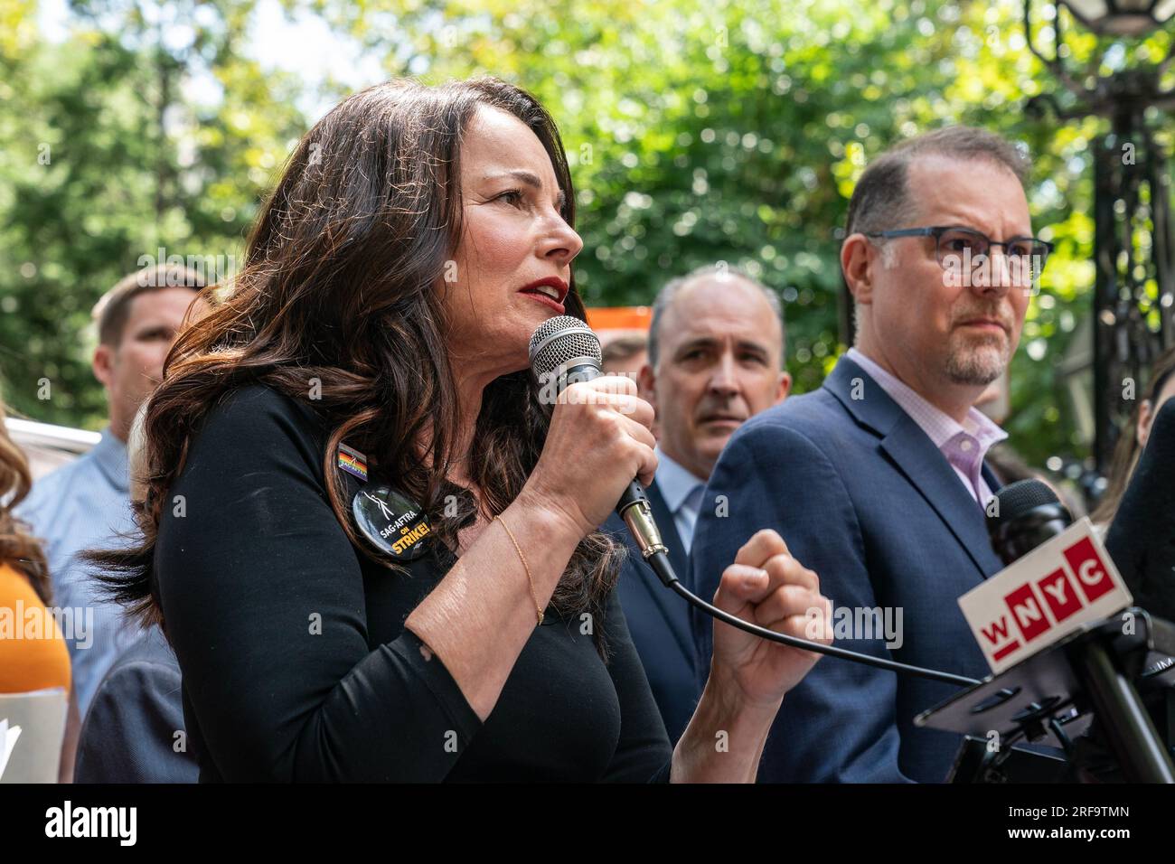 New York, USA. 01st Aug, 2023. SAG-AFTRA President Fran Drescher speaks at rally in City Hall Park in New York on August 1, 2023 ahead of Council committee meeting in support of striking members of both unions. (Photo by Lev Radin/Sipa USA) Credit: Sipa USA/Alamy Live News Stock Photo