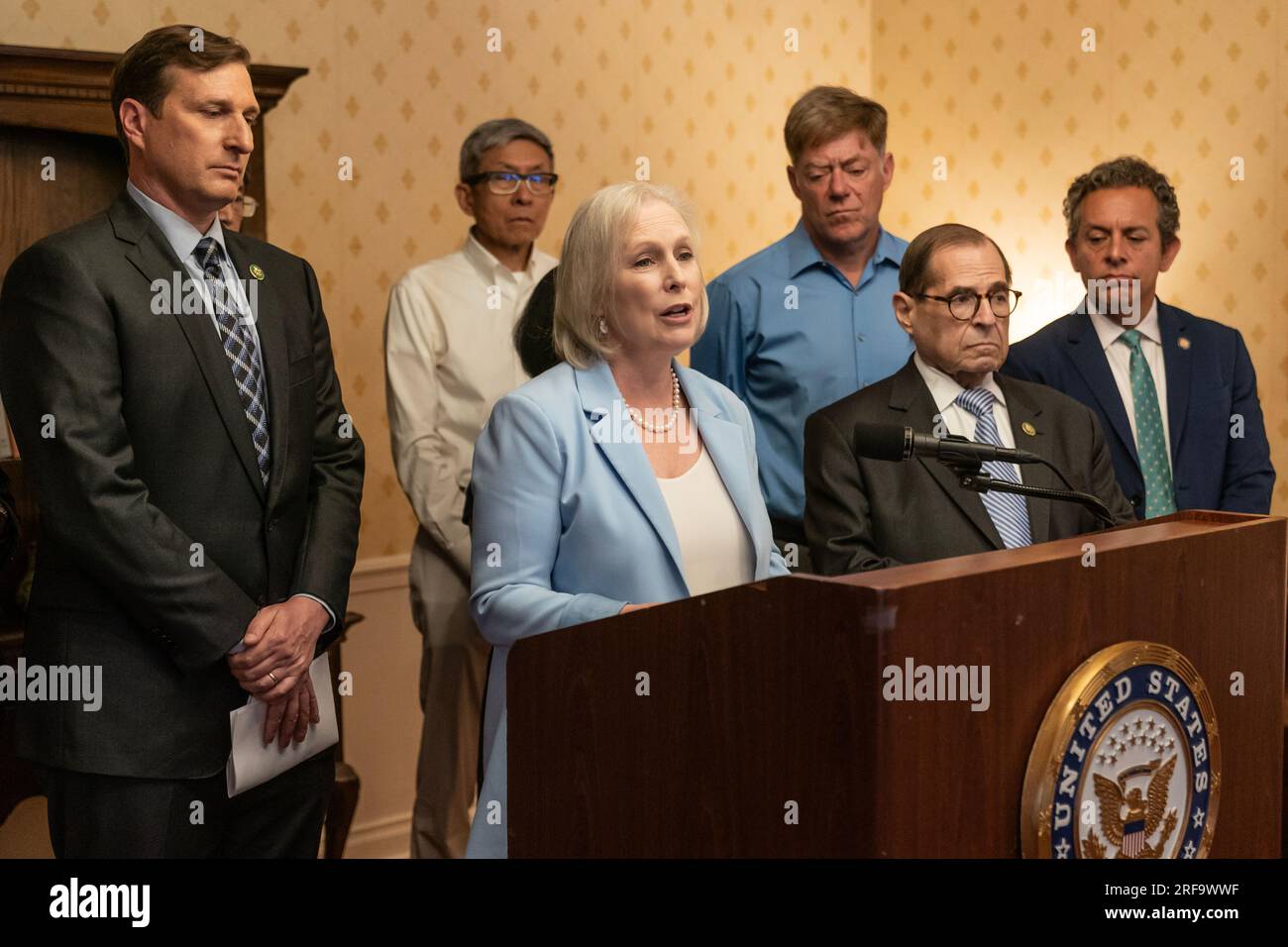 Senator Kirsten Gillibrand speaks during joint announcement with Congressman Dan Goldman on Medicaid for Serious Mental Illness Act at Fountain House in New York on August 1, 2023 Stock Photo