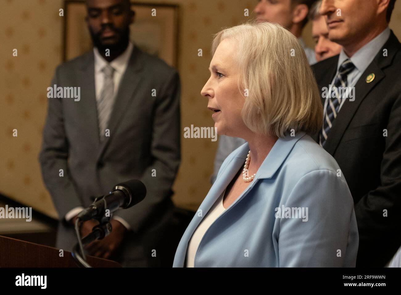 Senator Kirsten Gillibrand speaks during joint announcement with Congressman Dan Goldman on Medicaid for Serious Mental Illness Act at Fountain House in New York on August 1, 2023 Stock Photo