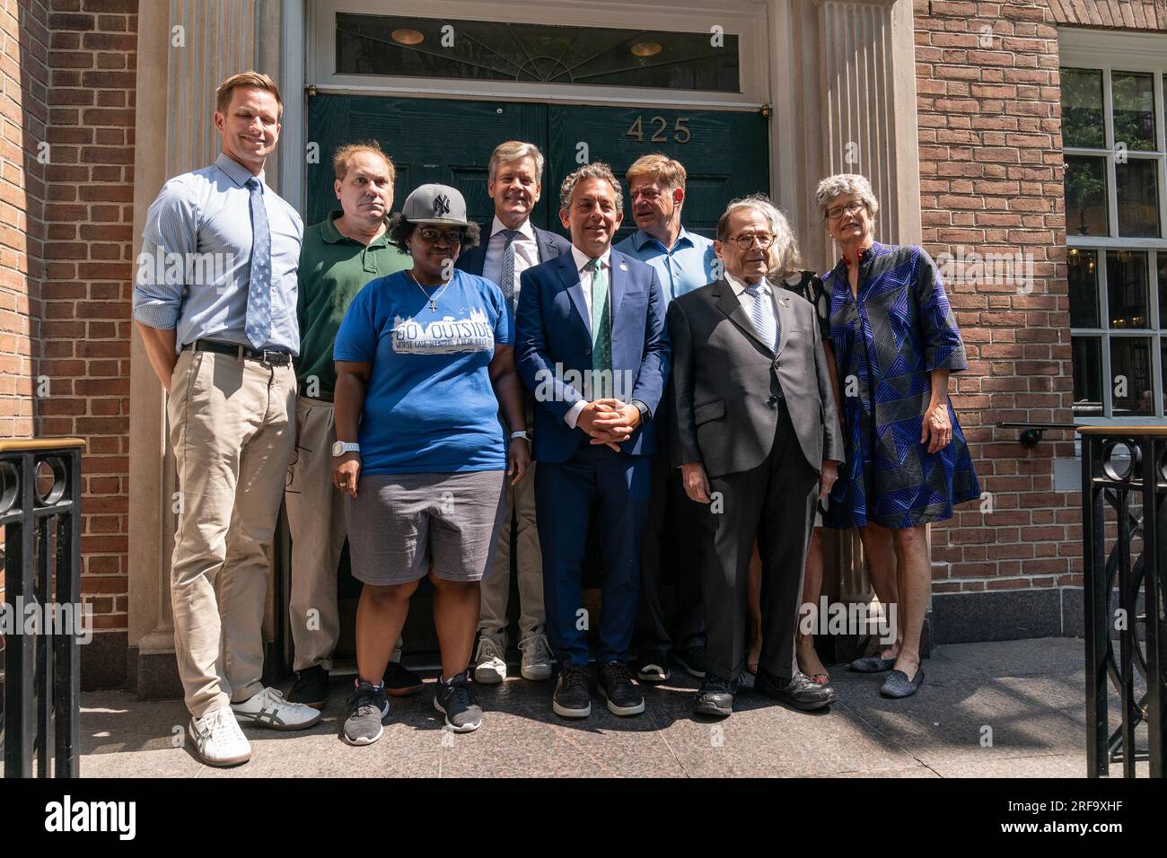 New York, USA. 01st Aug, 2023. Erik Bottcher, Brad Hoylman-Sigal, Tony Simone, Jerry Nadler pose before announcement by Congressman Dan Goldman and Senator Kirsten Gillibrand on Medicaid for Serious Mental Illness Act at Fountain House in New York on August 1, 2023. They were joined by Congressman Jerry Nadler, NYS Senator Brad Hoylman-Sigal, NYS Assemblyman Tony Simone, NYC Council Member Erik Bottcher. (Photo by Lev Radin/Sipa USA) Credit: Sipa USA/Alamy Live News Stock Photo