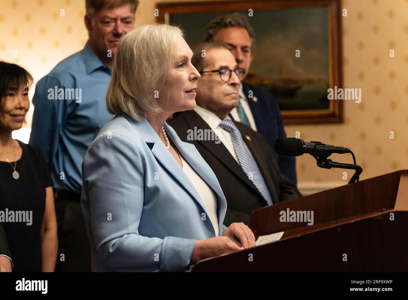 New York, New York, USA. 1st Aug, 2023. Senator Kirsten Gillibrand speaks during joint announcement with Congressman Dan Goldman on Medicaid for Serious Mental Illness Act at Fountain House in New York on August 1, 2023. They were joined by Congressman Jerry Nadler, NYS Senator Brad Hoylman-Sigal, NYS Assemblyman Tony Simone, NYC Council Member Erik Bottcher. (Credit Image: © Lev Radin/ZUMA Press Wire) EDITORIAL USAGE ONLY! Not for Commercial USAGE! Stock Photo