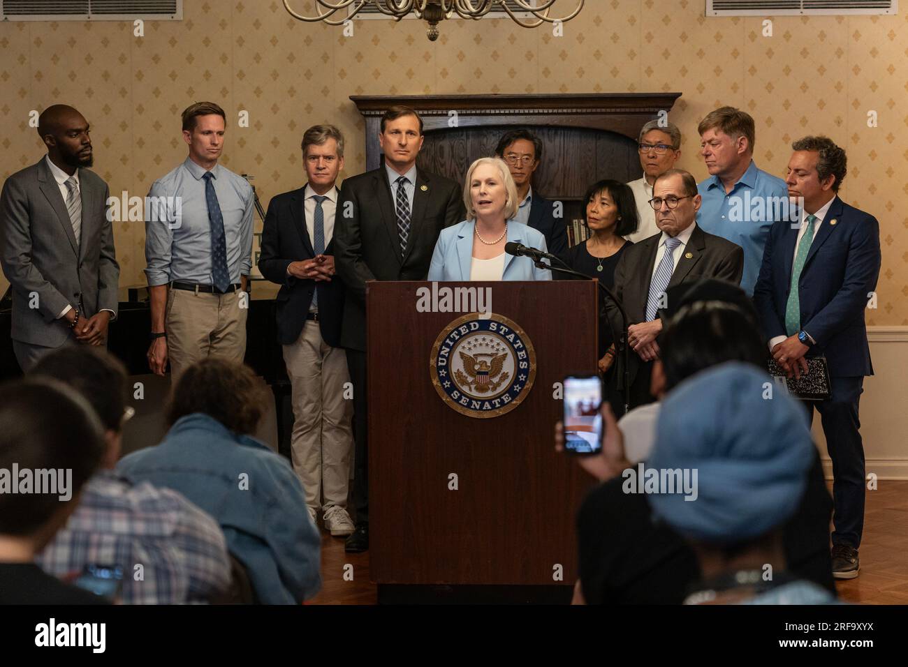 New York, USA. 01st Aug, 2023. Senator Kirsten Gillibrand speaks during joint announcement with Congressman Dan Goldman on Medicaid for Serious Mental Illness Act at Fountain House in New York on August 1, 2023. They were joined by Congressman Jerry Nadler, NYS Senator Brad Hoylman-Sigal, NYS Assemblyman Tony Simone, NYC Council Member Erik Bottcher. (Photo by Lev Radin/Sipa USA) Credit: Sipa USA/Alamy Live News Stock Photo