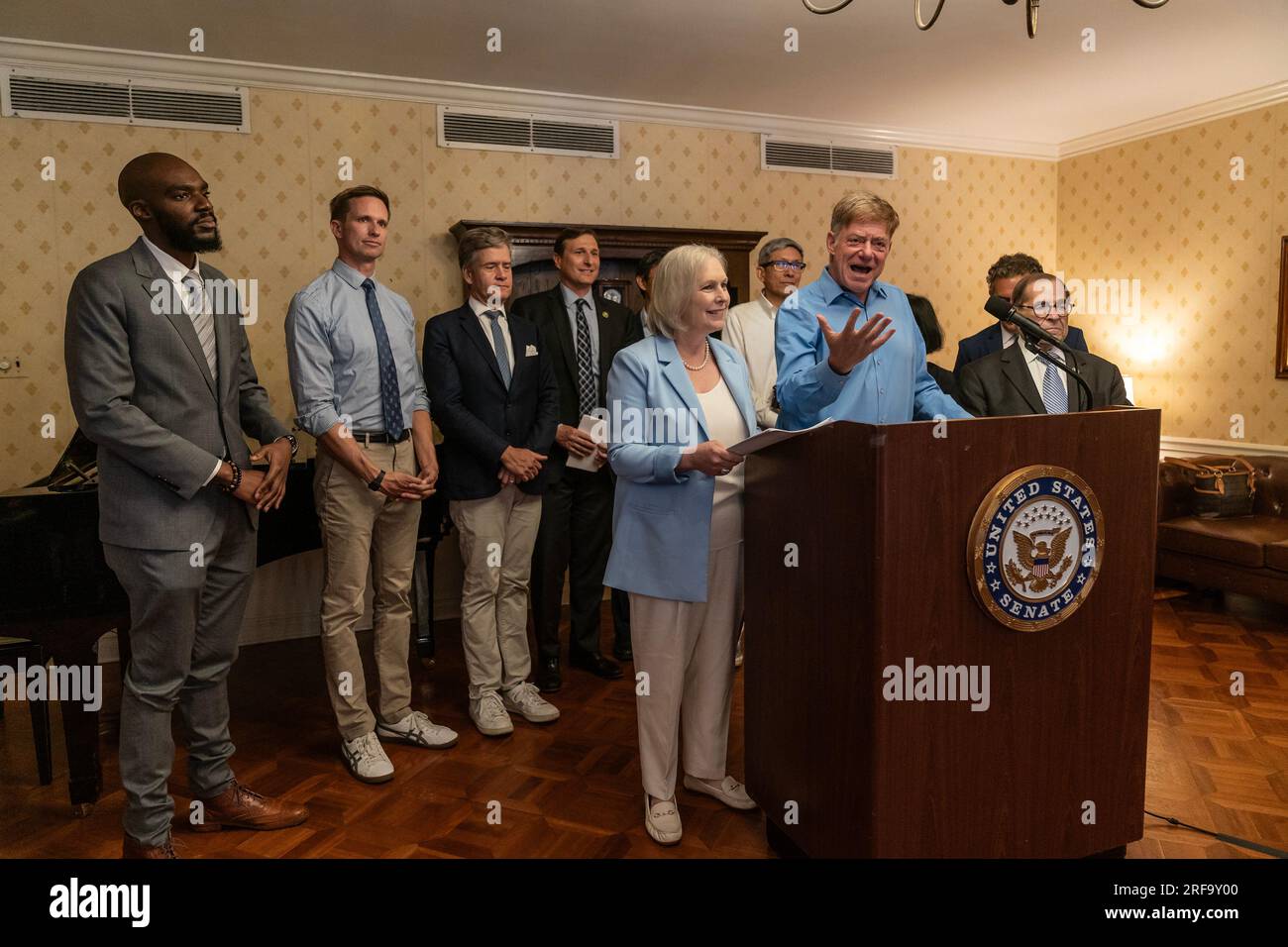 New York, USA. 01st Aug, 2023. Fountain House CEO Ken Zimmerman speaks at announcement by Congressman Dan Goldman and Senator Kirsten Gillibrand on Medicaid for Serious Mental Illness Act at Fountain House in New York on August 1, 2023. They were joined by Congressman Jerry Nadler, NYS Senator Brad Hoylman-Sigal, NYS Assemblyman Tony Simone, NYC Council Member Erik Bottcher. (Photo by Lev Radin/Sipa USA) Credit: Sipa USA/Alamy Live News Stock Photo