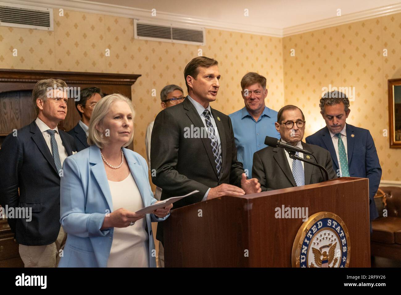 New York, USA. 01st Aug, 2023. Congressman Dan Goldman speaks during joint announcement with Senator Kirsten Gillibrand on Medicaid for Serious Mental Illness Act at Fountain House in New York on August 1, 2023. They were joined by Congressman Jerry Nadler, NYS Senator Brad Hoylman-Sigal, NYS Assemblyman Tony Simone, NYC Council Member Erik Bottcher. (Photo by Lev Radin/Sipa USA) Credit: Sipa USA/Alamy Live News Stock Photo